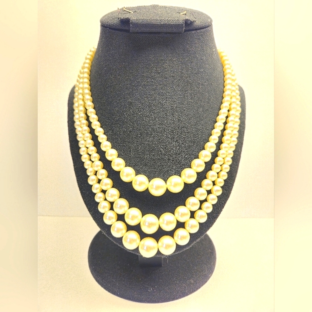Vintage Japan Triple Strand Faux Pearl Necklace